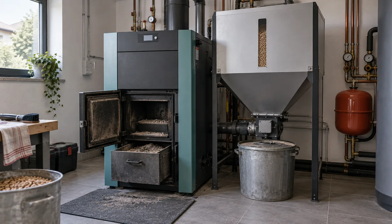 Chaudière à granulés avec silo et bac à cendres dans une chaufferie