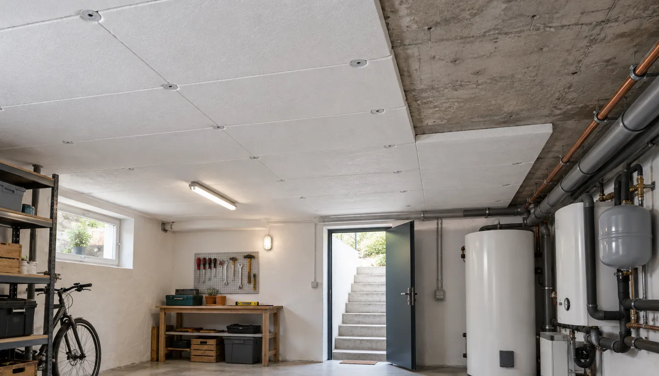 Panneaux isolants fixés au plafond d'un sous-sol