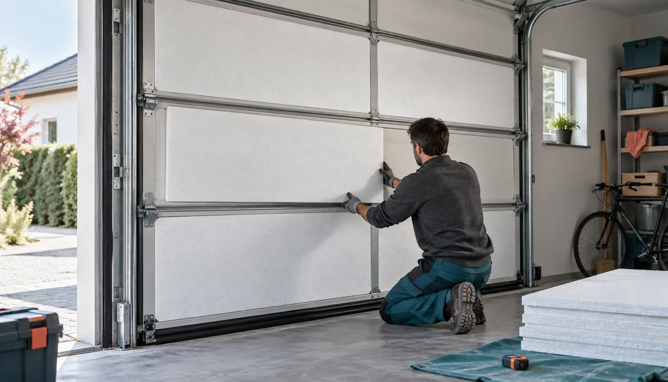 Pose de panneaux isolants sur une porte de garage sectionnelle