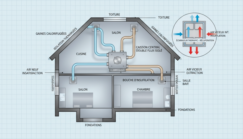 Schéma d'une ventilation double flux dans une maison